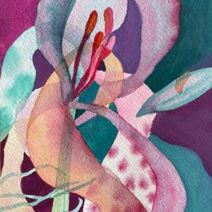colorful modern abstract botanical art in watercolor and gouache